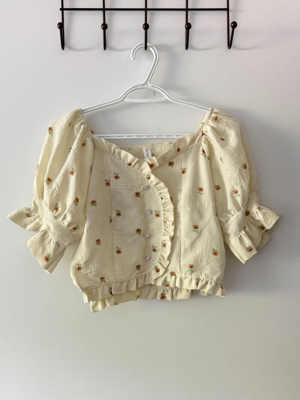 Cream Floral Puff Sleeve Ruffle Crop Top Fits S
